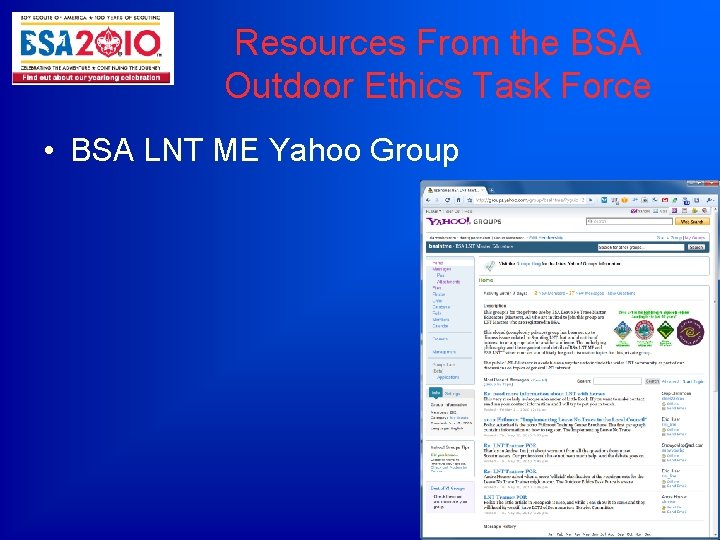 Resources From the BSA Outdoor Ethics Task Force • BSA LNT ME Yahoo Group