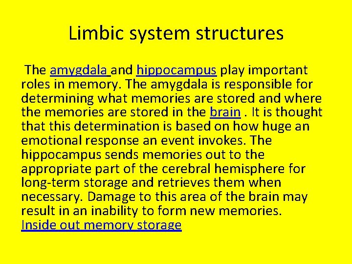 Limbic system structures The amygdala and hippocampus play important roles in memory. The amygdala