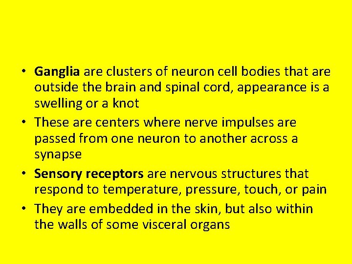  • Ganglia are clusters of neuron cell bodies that are outside the brain