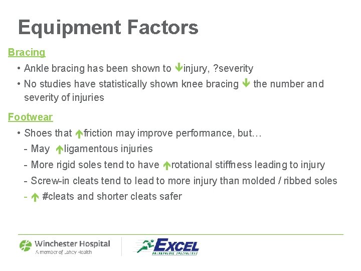 Equipment Factors Bracing • Ankle bracing has been shown to injury, ? severity •