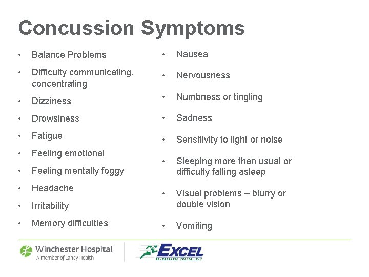 Concussion Symptoms • Balance Problems • Nausea • Difficulty communicating, concentrating • Nervousness •