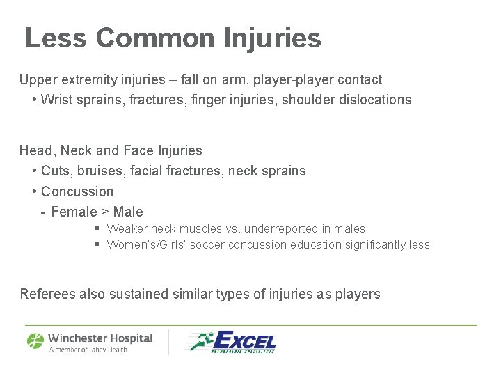 Less Common Injuries Upper extremity injuries – fall on arm, player-player contact • Wrist