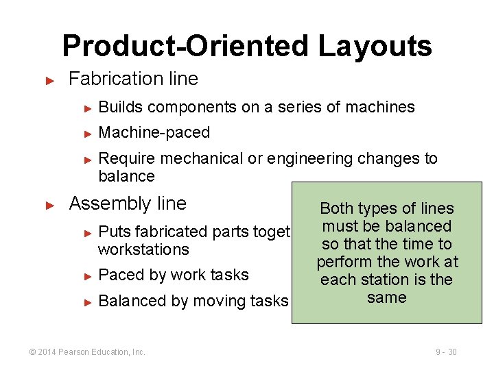 Product-Oriented Layouts ► Fabrication line ► Builds components on a series of machines ►
