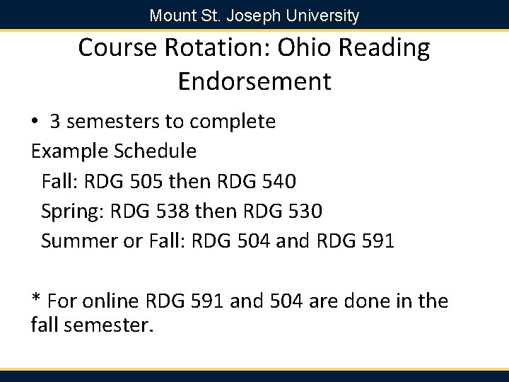 Mount St. Joseph University Course Rotation: Ohio Reading Endorsement • 3 semesters to complete