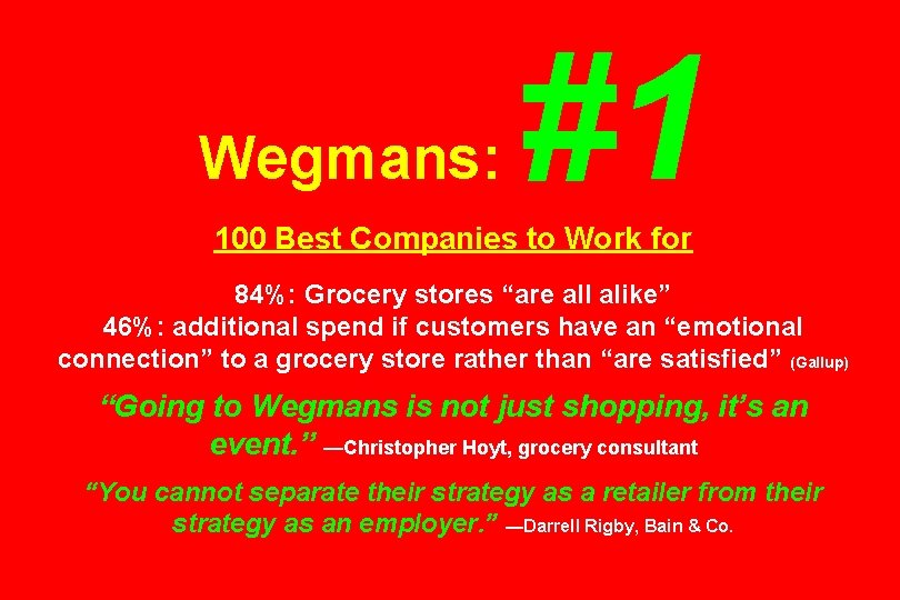 Wegmans: #1 100 Best Companies to Work for 84%: Grocery stores “are all alike” Wegmans: #1 100 Best Companies to Work for 84%: Grocery stores “are all alike”
