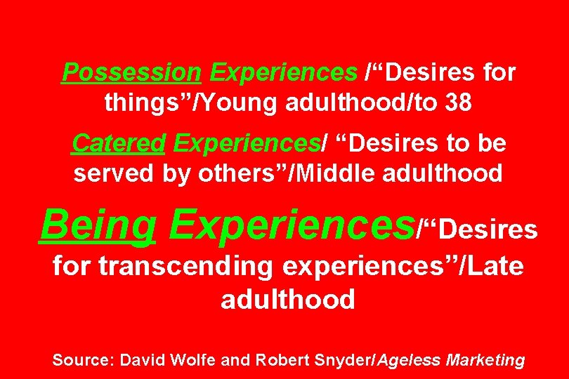 Possession Experiences /“Desires for things”/Young adulthood/to 38 Catered Experiences/ “Desires to be served by Possession Experiences /“Desires for things”/Young adulthood/to 38 Catered Experiences/ “Desires to be served by