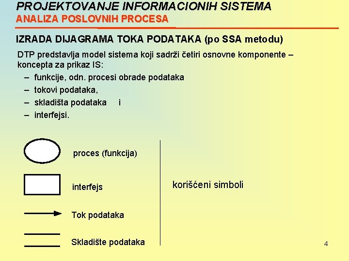 PROJEKTOVANJE INFORMACIONIH SISTEMA ANALIZA POSLOVNIH PROCESA IZRADA DIJAGRAMA TOKA PODATAKA (po SSA metodu) DTP