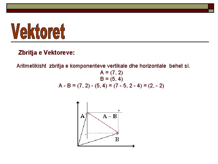 Zbritja e Vektoreve: Aritmetikisht zbritja e komponenteve vertikale dhe horizontale behet sí. A =