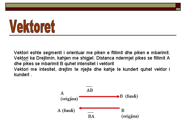 Vektori eshte segmenti i orientuar me piken e fillimit dhe piken e mbarimit. Vektori