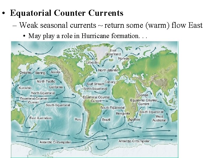  • Equatorial Counter Currents – Weak seasonal currents ~ return some (warm) flow