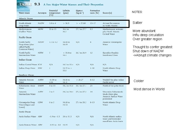 NOTES: Saltier More abundant Influ deep circulation Over greater region Thought to confer greatest