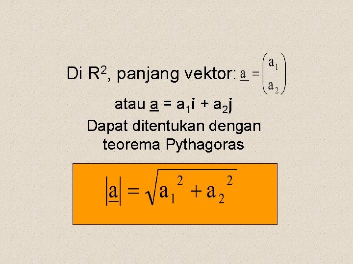 Di R 2, panjang vektor: atau a = a 1 i + a 2