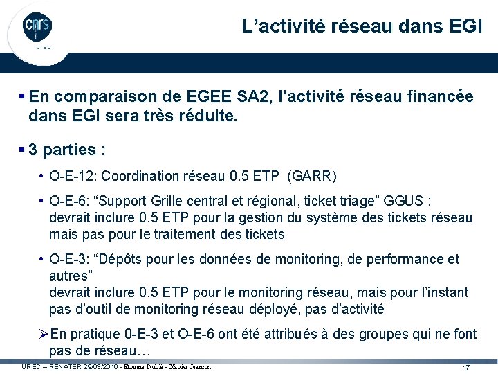 L’activité réseau dans EGI § En comparaison de EGEE SA 2, l’activité réseau financée