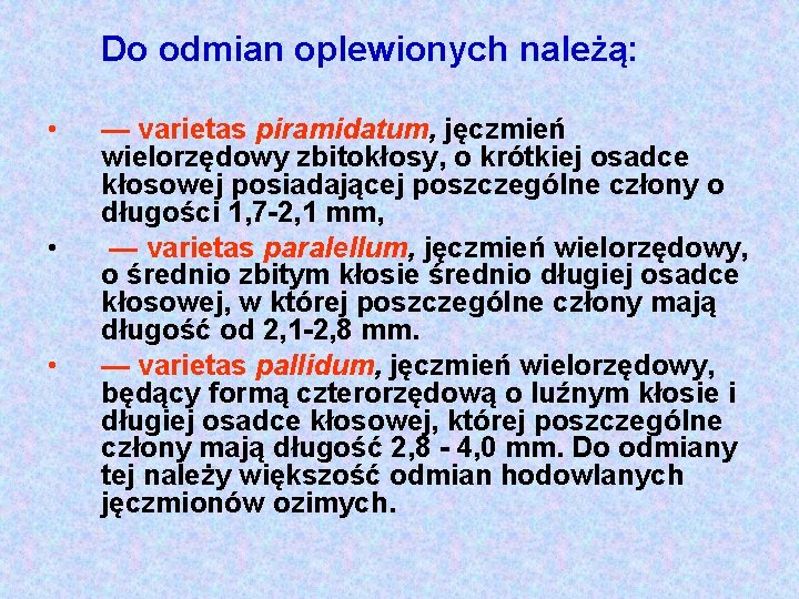 Do odmian oplewionych należą: • • • — varietas piramidatum, jęczmień wielorzędowy zbitokłosy, o