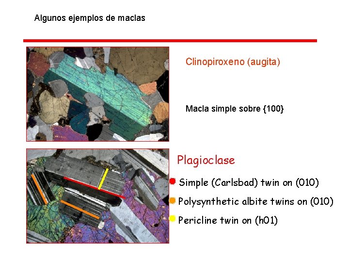 Algunos ejemplos de maclas Clinopiroxeno (augita) Macla simple sobre {100} Plagioclase • Simple (Carlsbad)