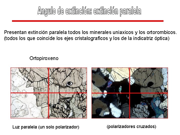Presentan extinción paralela todos los minerales uniaxicos y los ortorombicos. (todos los que coincide