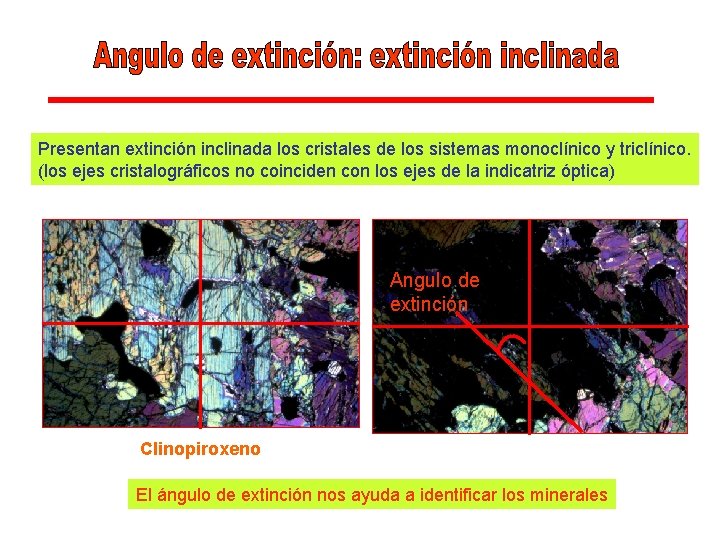 Presentan extinción inclinada los cristales de los sistemas monoclínico y triclínico. (los ejes cristalográficos
