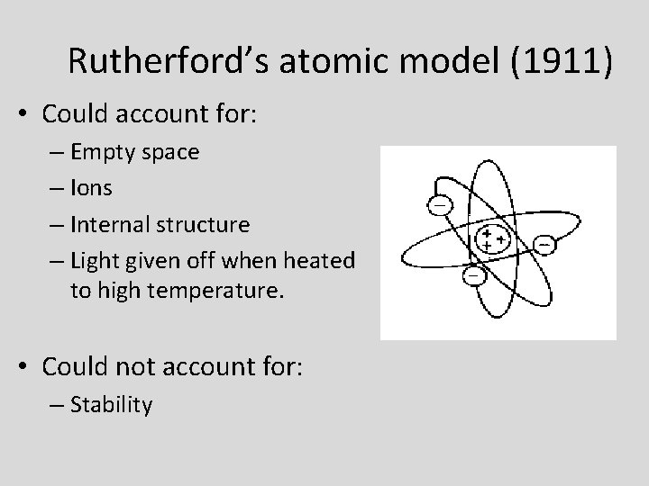 Rutherford’s atomic model (1911) • Could account for: – Empty space – Ions –