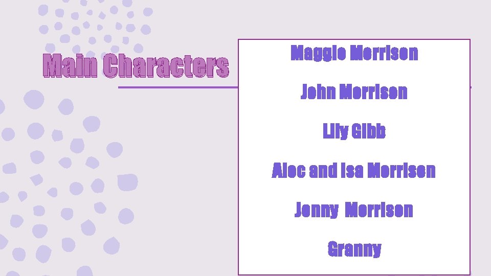Main Characters Maggie Morrison John Morrison Lily Gibb Alec and Isa Morrison Jenny Morrison Main Characters Maggie Morrison John Morrison Lily Gibb Alec and Isa Morrison Jenny Morrison