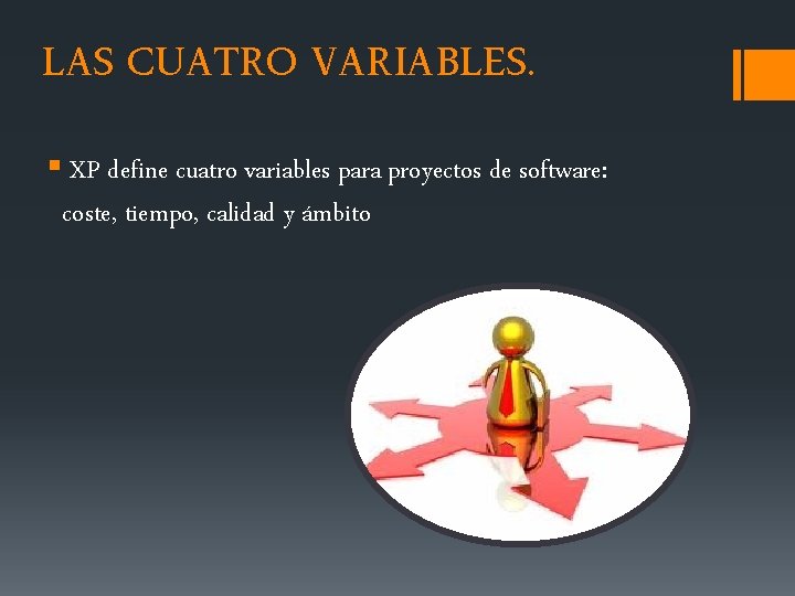 LAS CUATRO VARIABLES. § XP define cuatro variables para proyectos de software: coste, tiempo,