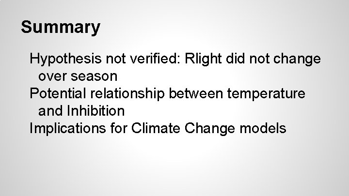 Summary Hypothesis not verified: Rlight did not change over season Potential relationship between temperature