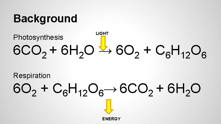 Background Photosynthesis LIGHT 6 CO 2 + 6 H 2 O → 6 O