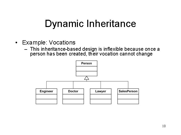 Dynamic Inheritance • Example: Vocations – This inheritance-based design is inflexible because once a