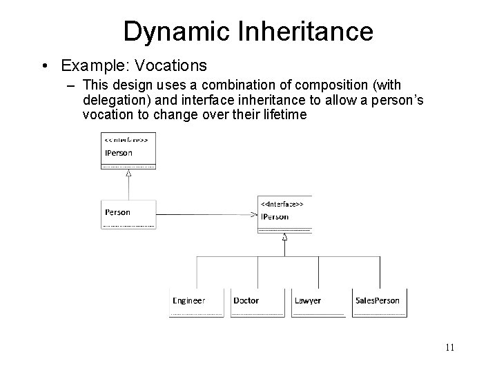 Dynamic Inheritance • Example: Vocations – This design uses a combination of composition (with