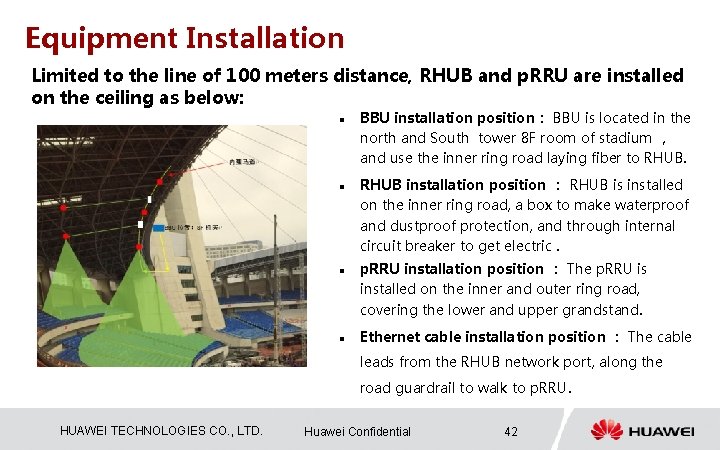 Equipment Installation Limited to the line of 100 meters distance, RHUB and p. RRU