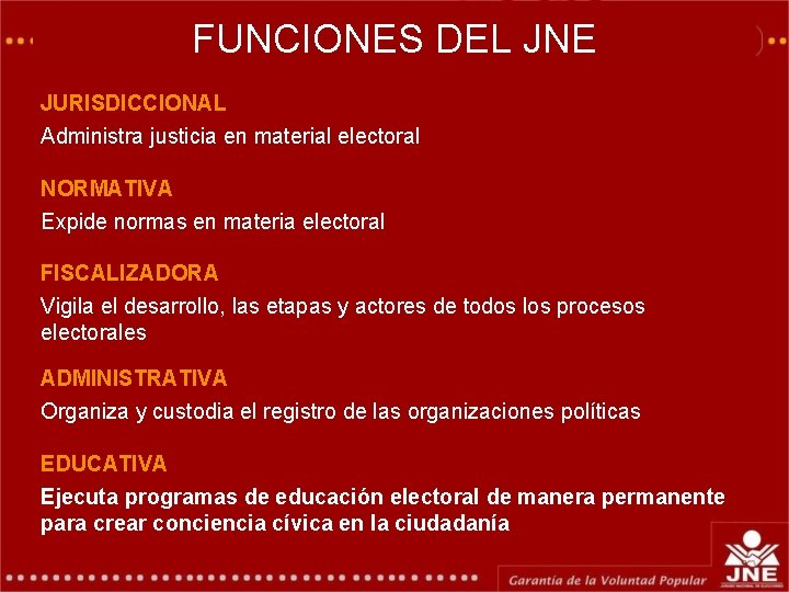 FUNCIONES DEL JNE GERENCIA DE EDUCACIÓN ELECTORAL Y COMUNICACIONES JURISDICCIONAL Administra justicia en material FUNCIONES DEL JNE GERENCIA DE EDUCACIÓN ELECTORAL Y COMUNICACIONES JURISDICCIONAL Administra justicia en material