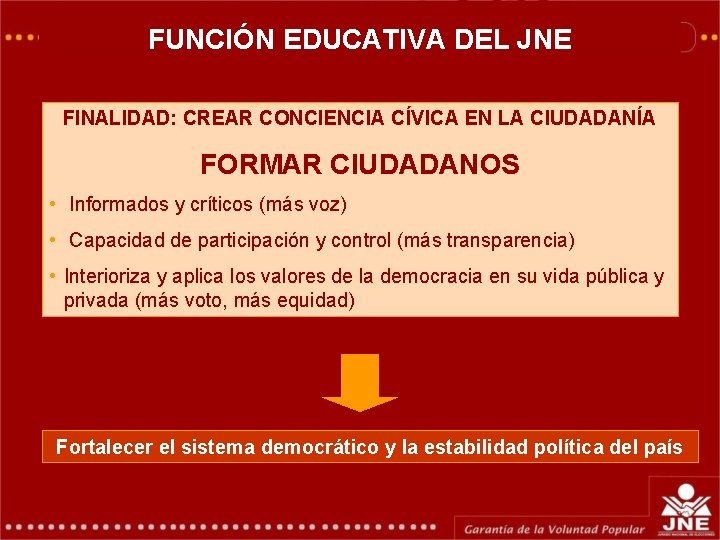 GERENCIA DE EDUCACIÓN ELECTORAL Y DEL COMUNICACIONES FUNCIÓN EDUCATIVA JNE FINALIDAD: CREAR CONCIENCIA CÍVICA GERENCIA DE EDUCACIÓN ELECTORAL Y DEL COMUNICACIONES FUNCIÓN EDUCATIVA JNE FINALIDAD: CREAR CONCIENCIA CÍVICA