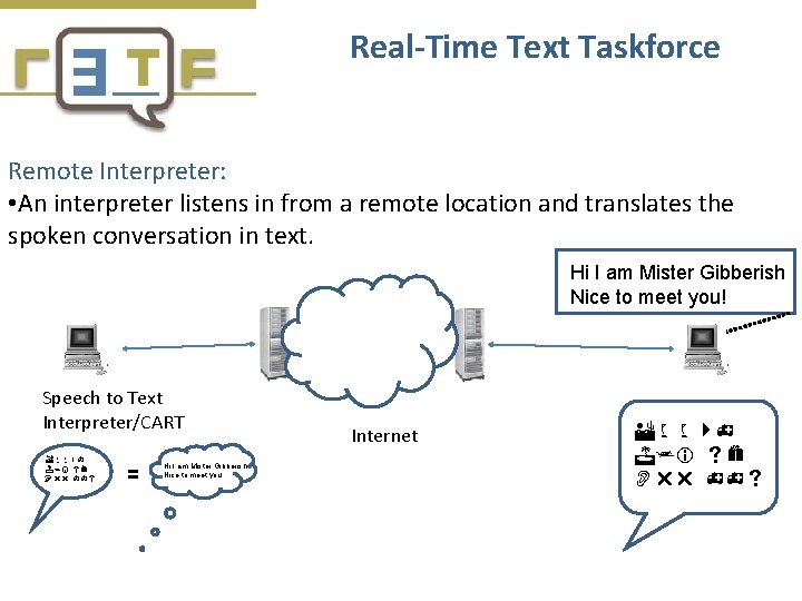 Real-Time Text Taskforce Remote Interpreter: • An interpreter listens in from a remote location