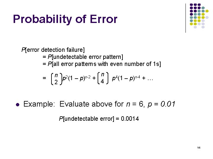 Probability of Error P[error detection failure] = P[undetectable error pattern] = P[all error patterns