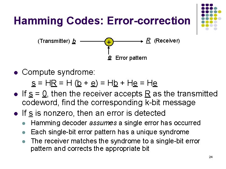 Hamming Codes: Error-correction (Transmitter) b + R (Receiver) e Error pattern l l l
