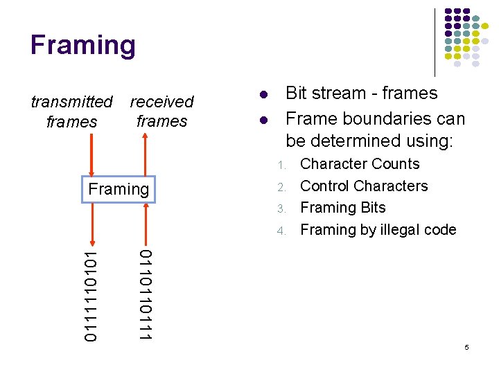 Framing transmitted frames received frames l l Bit stream - frames Frame boundaries can