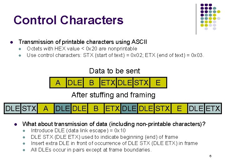 Control Characters Transmission of printable characters using ASCII l Octets with HEX value <