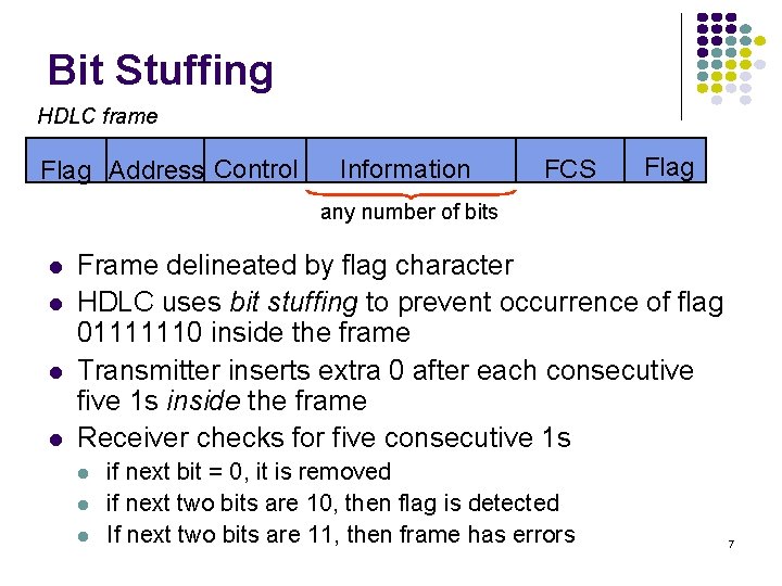 Bit Stuffing HDLC frame Flag Address Control Information FCS Flag any number of bits