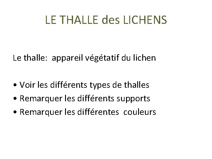 LE THALLE des LICHENS Le thalle: appareil végétatif du lichen • Voir les différents