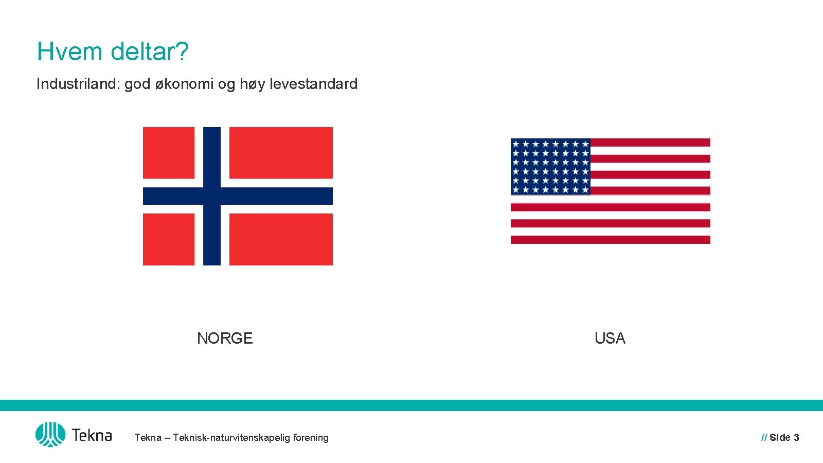 Hvem deltar? Industriland: god økonomi og høy levestandard NORGE Tekna – Teknisk-naturvitenskapelig forening USA