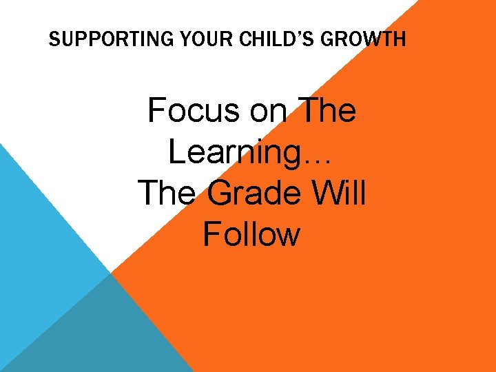 SUPPORTING YOUR CHILD’S GROWTH Focus on The Learning… The Grade Will Follow 