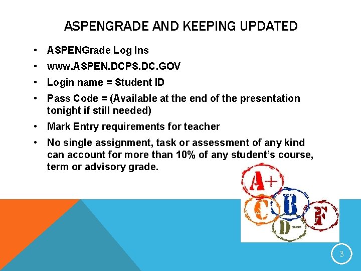 ASPENGRADE AND KEEPING UPDATED • ASPENGrade Log Ins • www. ASPEN. DCPS. DC. GOV