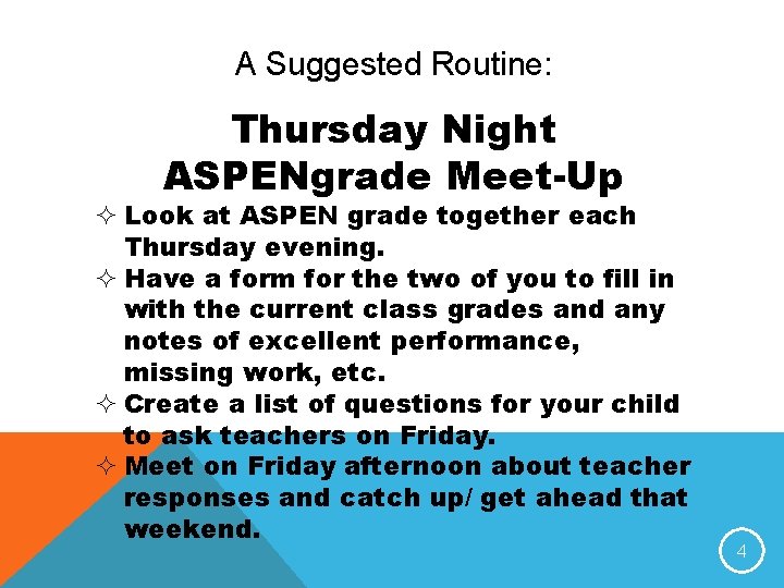 A Suggested Routine: Thursday Night ASPENgrade Meet-Up ² Look at ASPEN grade together each