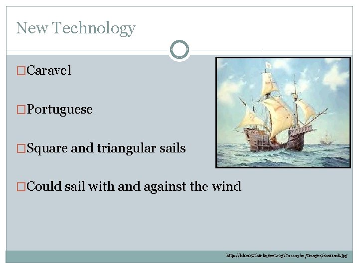 New Technology �Caravel �Portuguese �Square and triangular sails �Could sail with and against the New Technology �Caravel �Portuguese �Square and triangular sails �Could sail with and against the