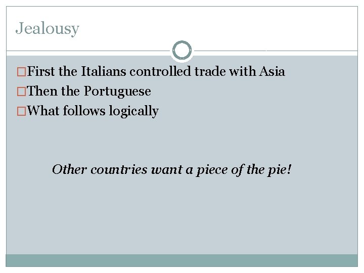 Jealousy �First the Italians controlled trade with Asia �Then the Portuguese �What follows logically Jealousy �First the Italians controlled trade with Asia �Then the Portuguese �What follows logically