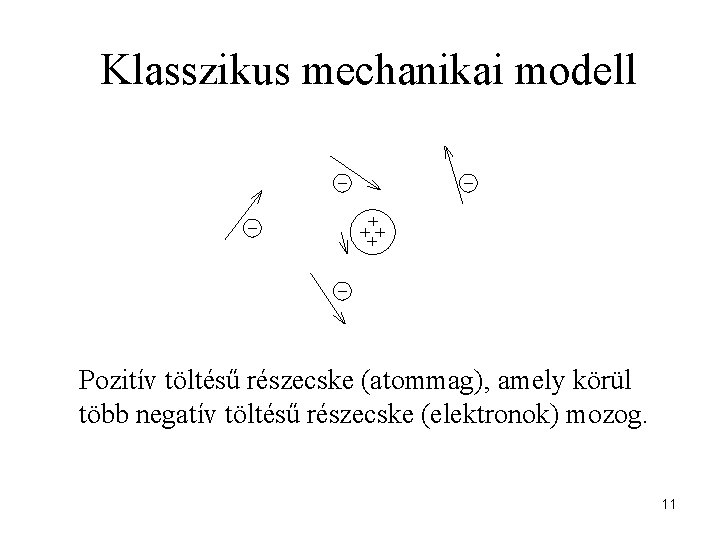 Klasszikus mechanikai modell Pozitív töltésű részecske (atommag), amely körül több negatív töltésű részecske (elektronok)