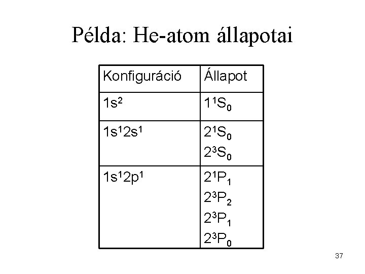 Példa: He-atom állapotai Konfiguráció Állapot 1 s 2 1 1 S 0 1 s