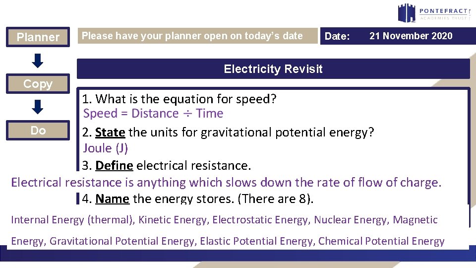 Planner Please have your planner open on today’s date Date: 21 November 2020 Electricity