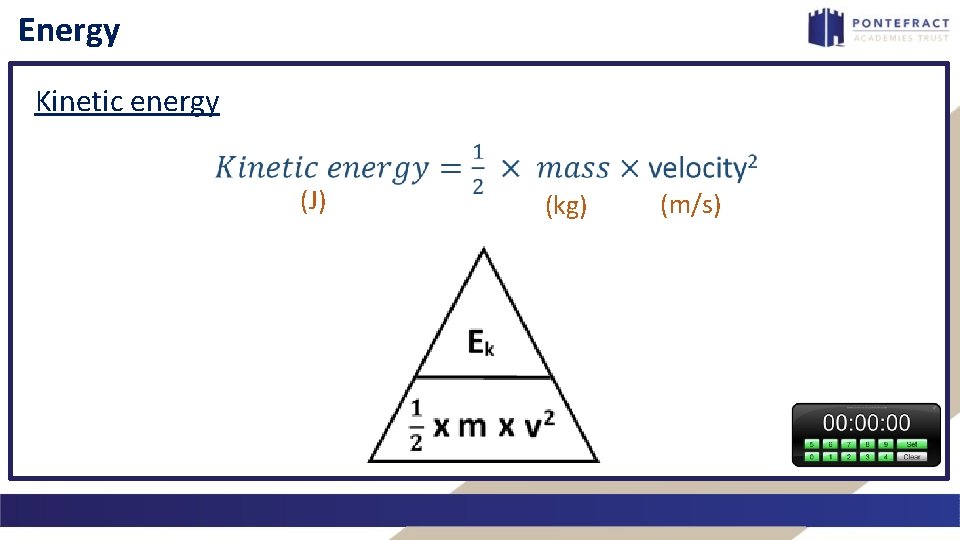 Energy Kinetic energy (J) (kg) (m/s) 