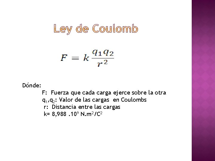 Dónde: F: Fuerza que cada carga ejerce sobre la otra q 1, q 2: