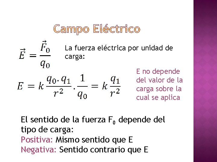 La fuerza eléctrica por unidad de carga: E no depende del valor de la